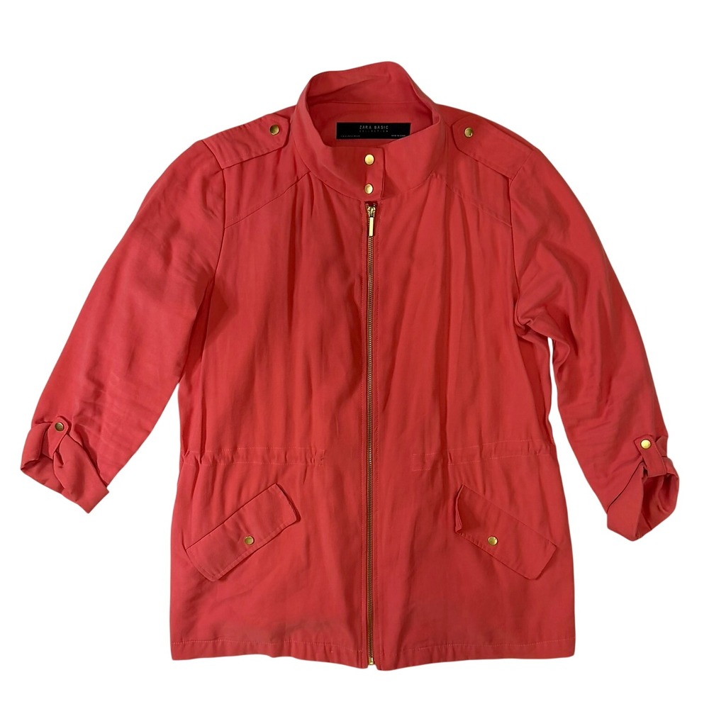 Zara Basic Women Coral Pink Utility Jacket Zip Up Drawstring Waist Size M